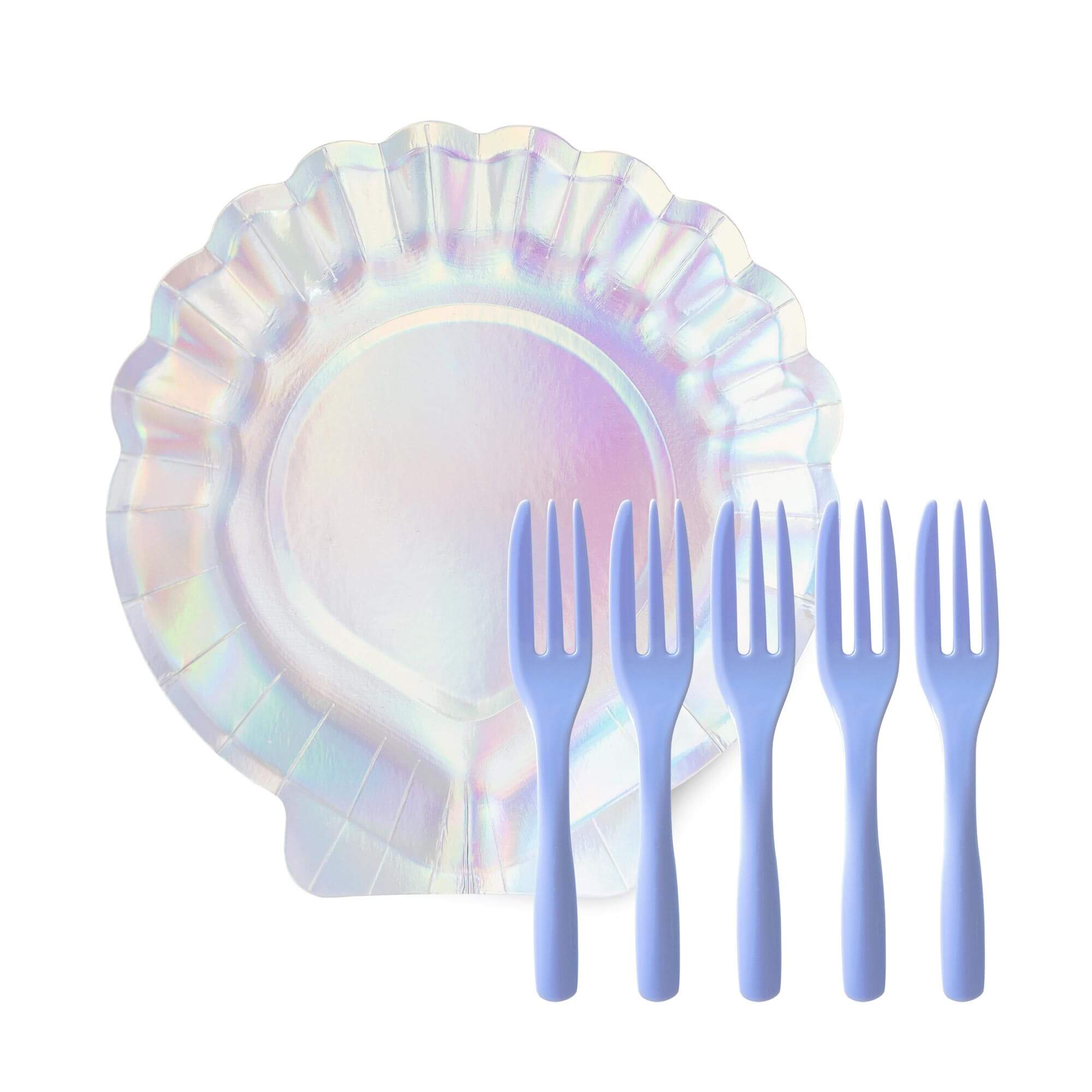 Iridescent colored sea shell shaped cake plate & lavender colord fork