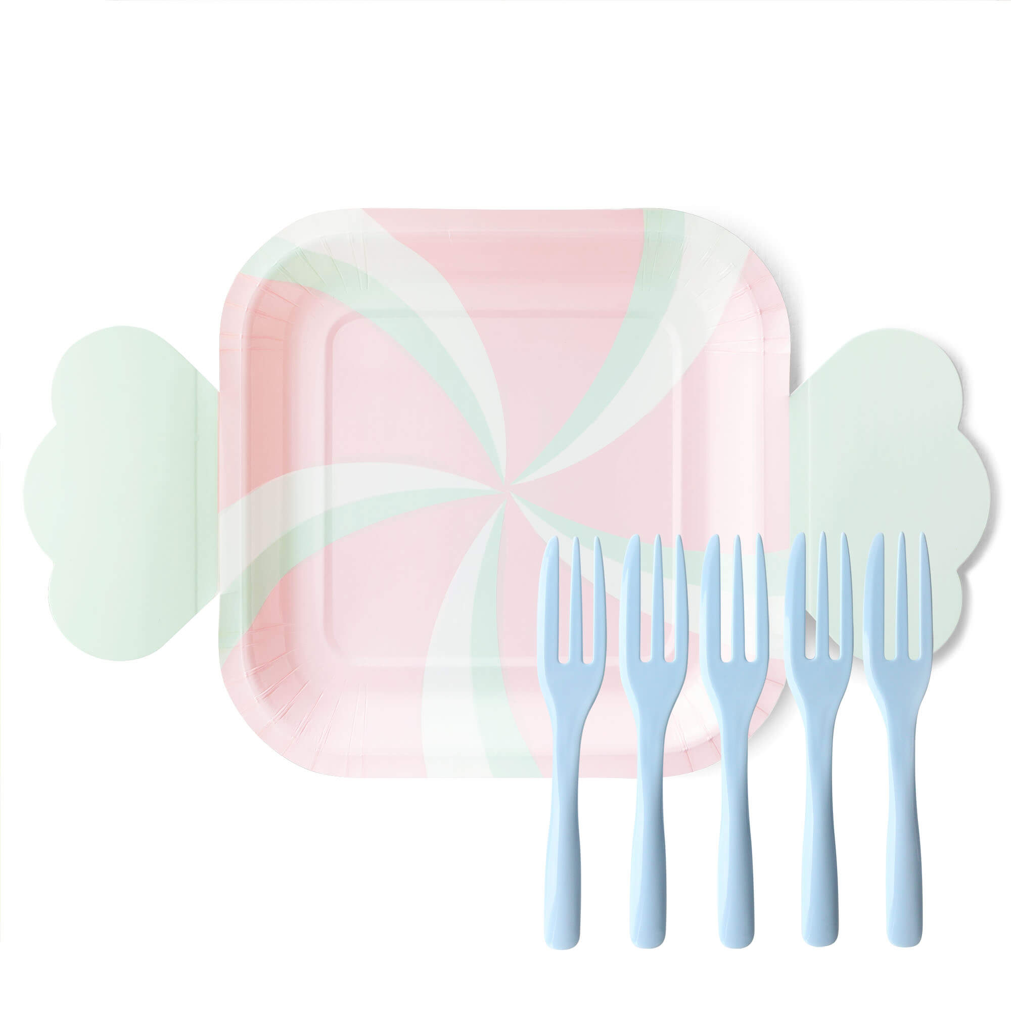 Colorful candly shaped cake plate & blue cake fork